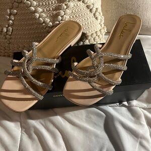 Lulu's Blush Nude Crystal-Strap Slide Mules